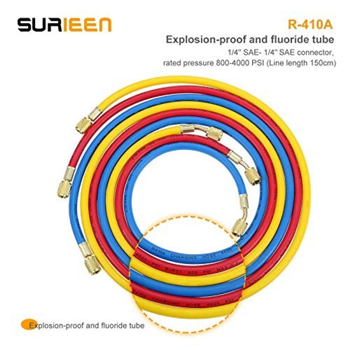 Coiled AC charging hoses with multiple brass 1/4" SAE connectors, red blue yellow