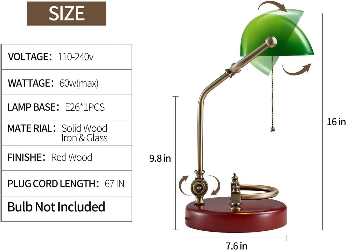Traditional desk lamp with green glass shade, brass frame, and round red base