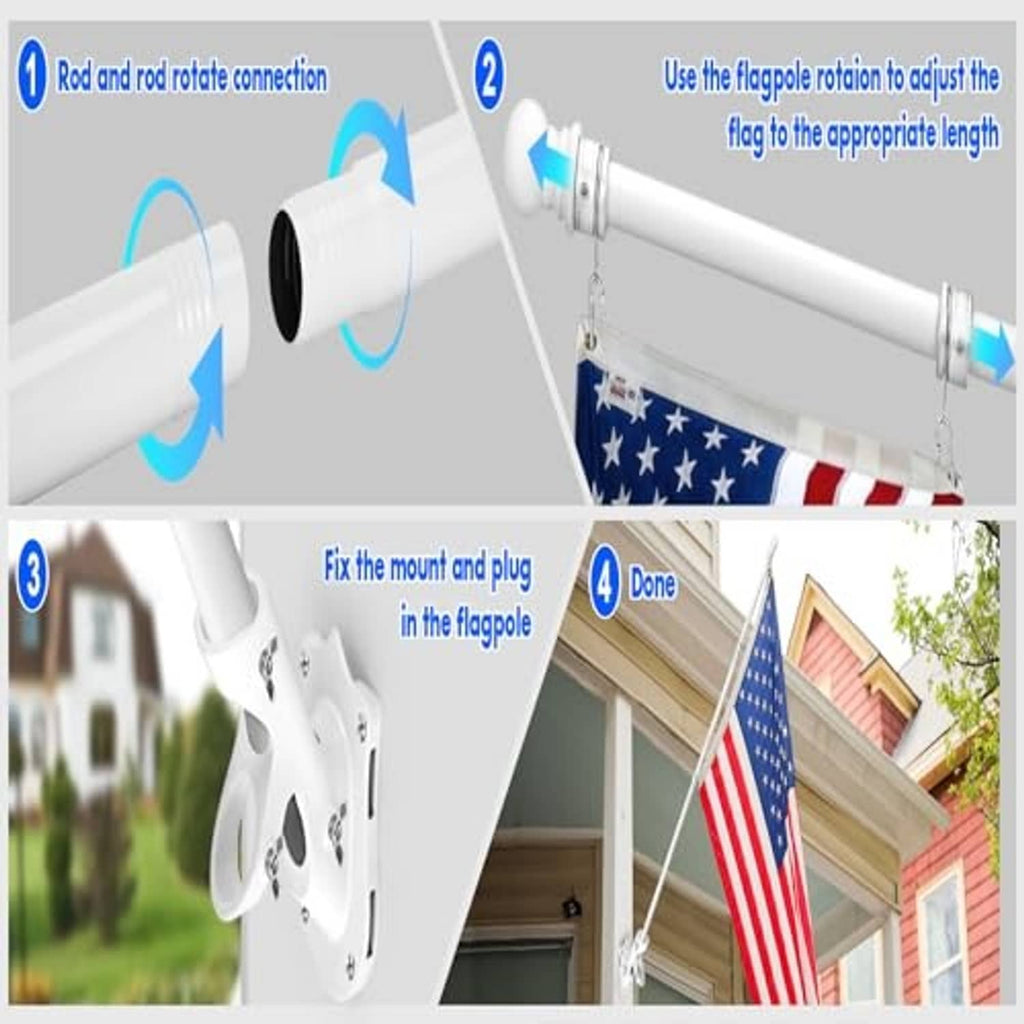 White flag pole kit installed with mounting bracket and rotating rings; US flag