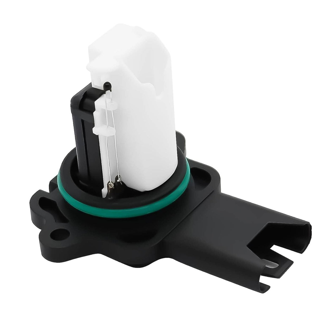 Mass air flow sensor with white plastic chamber and black mounting base, side view