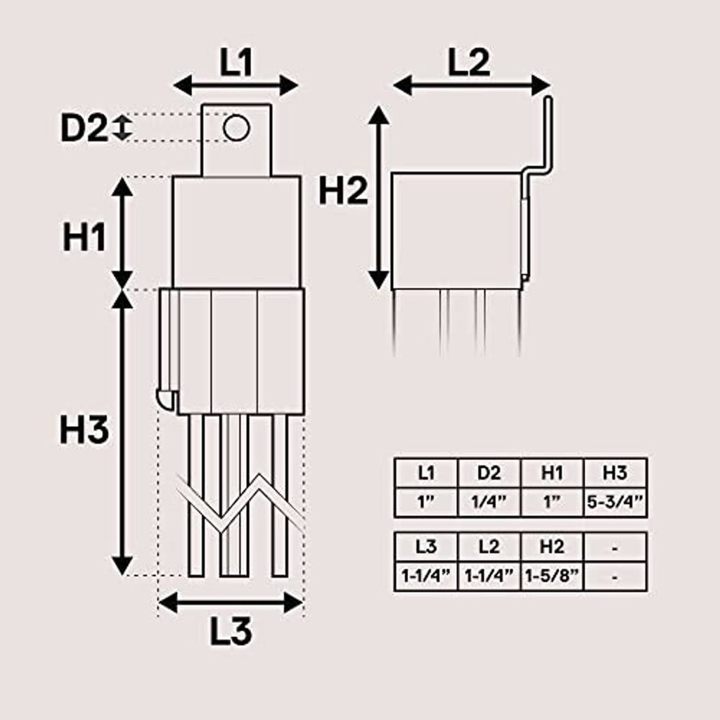 Relay contact block diagram with labeled terminals and height/length measurements