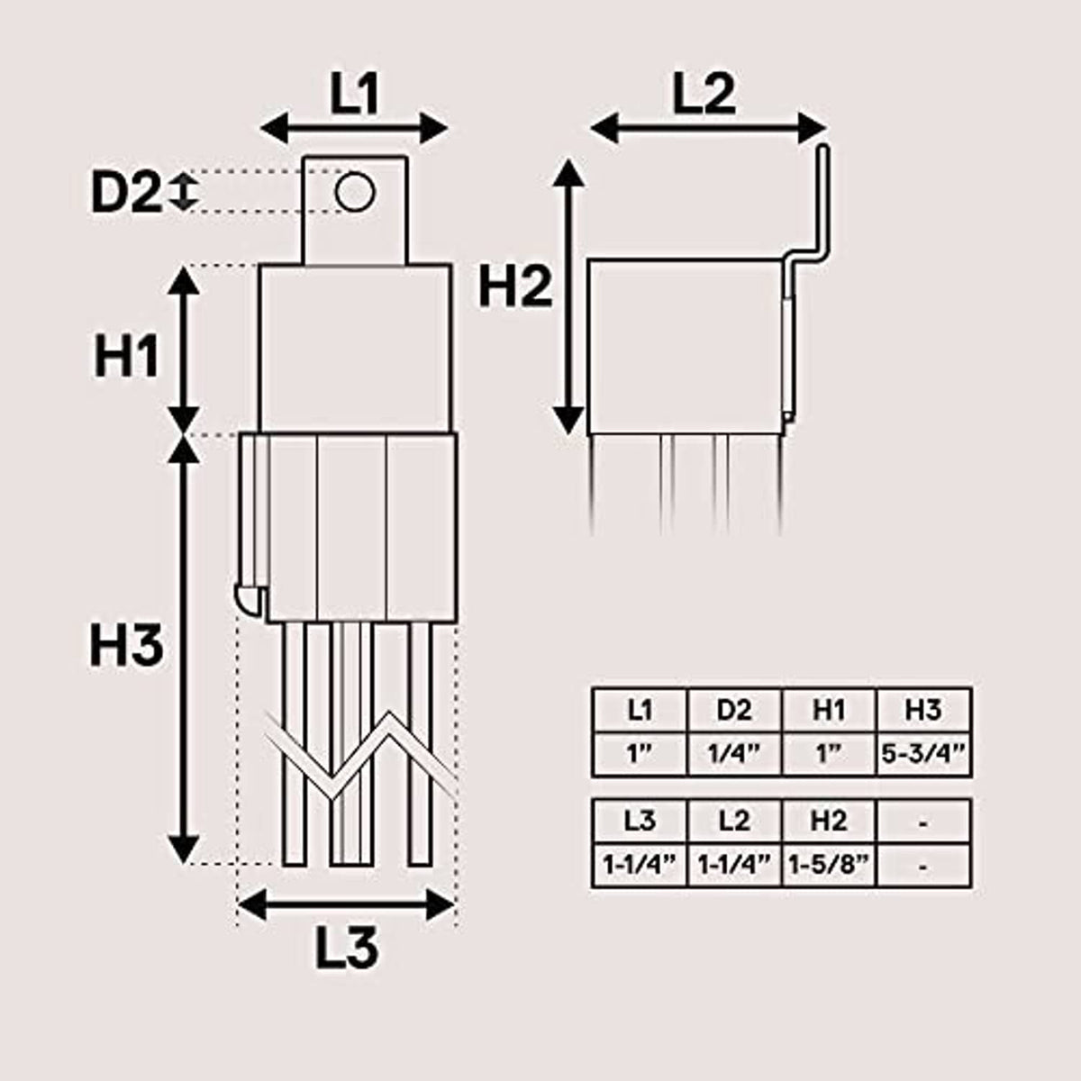 Relay contact block diagram with labeled terminals and height/length measurements