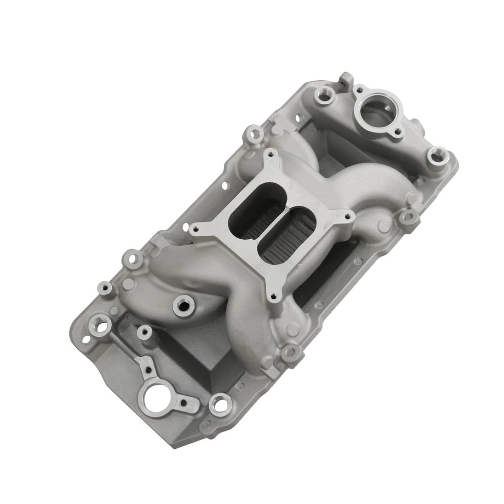 Dual plane intake manifold, angled view showing two intake channels and mounting points