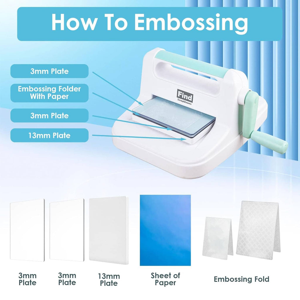 Manual embossing machine with layered plates and embossing folder for paper