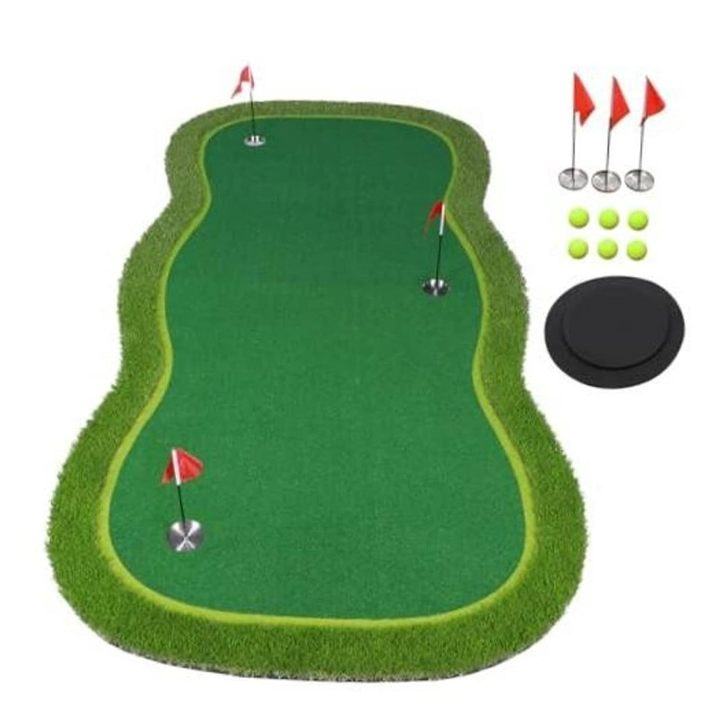 Golf putting green mat, green artificial turf with four practice holes and red flag pins
