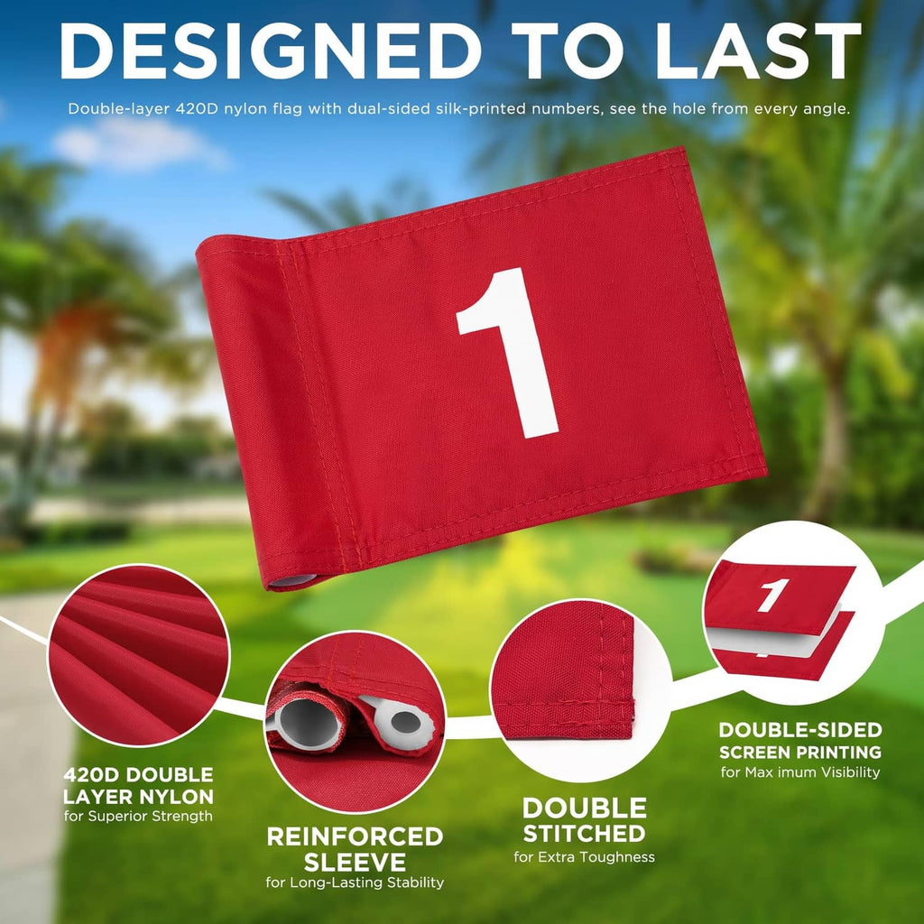 Red miniature golf flag with number 1 on yellow pole, fabric screen-print look