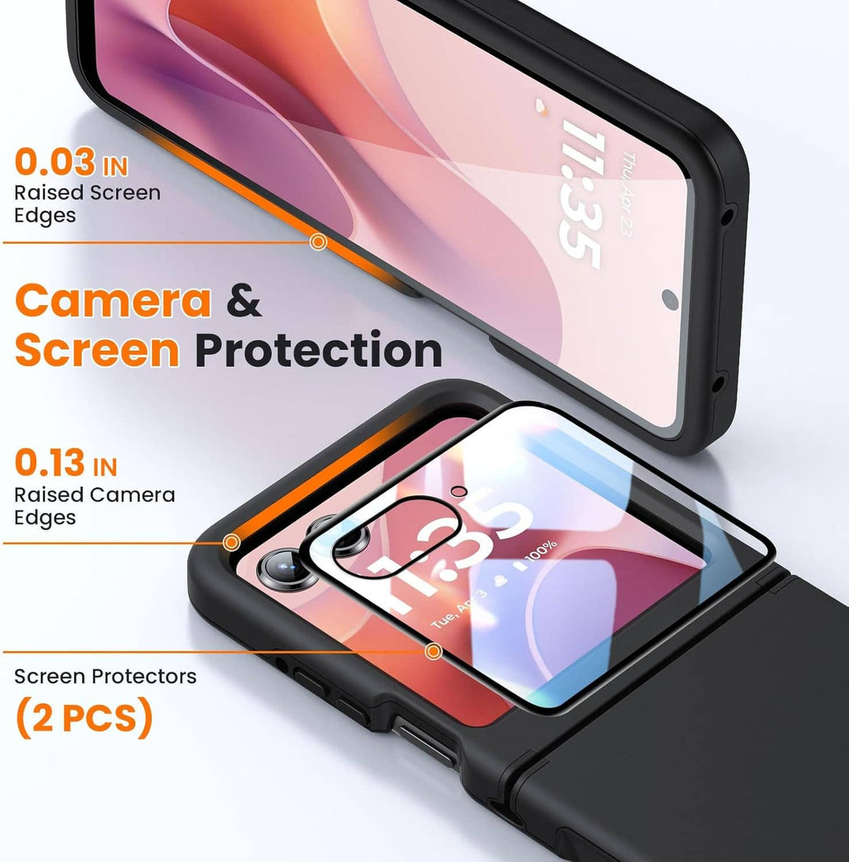 Black folding phone case with raised camera and screen edges plus 2 protectors