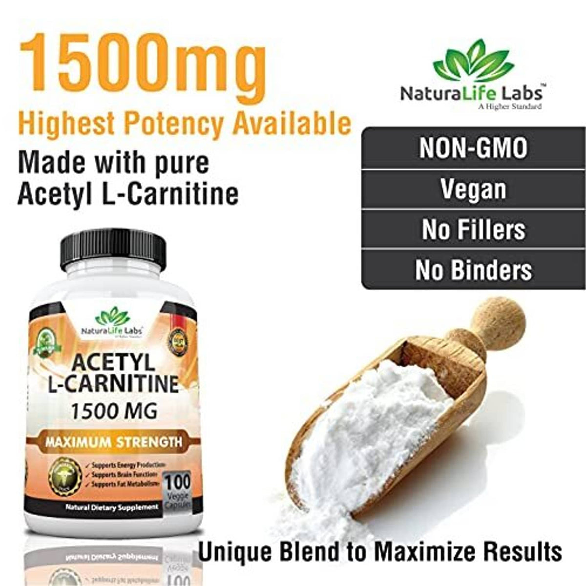 Acetyl L-carnitine 1500 mg supplement bottle with non-GMO vegan labels