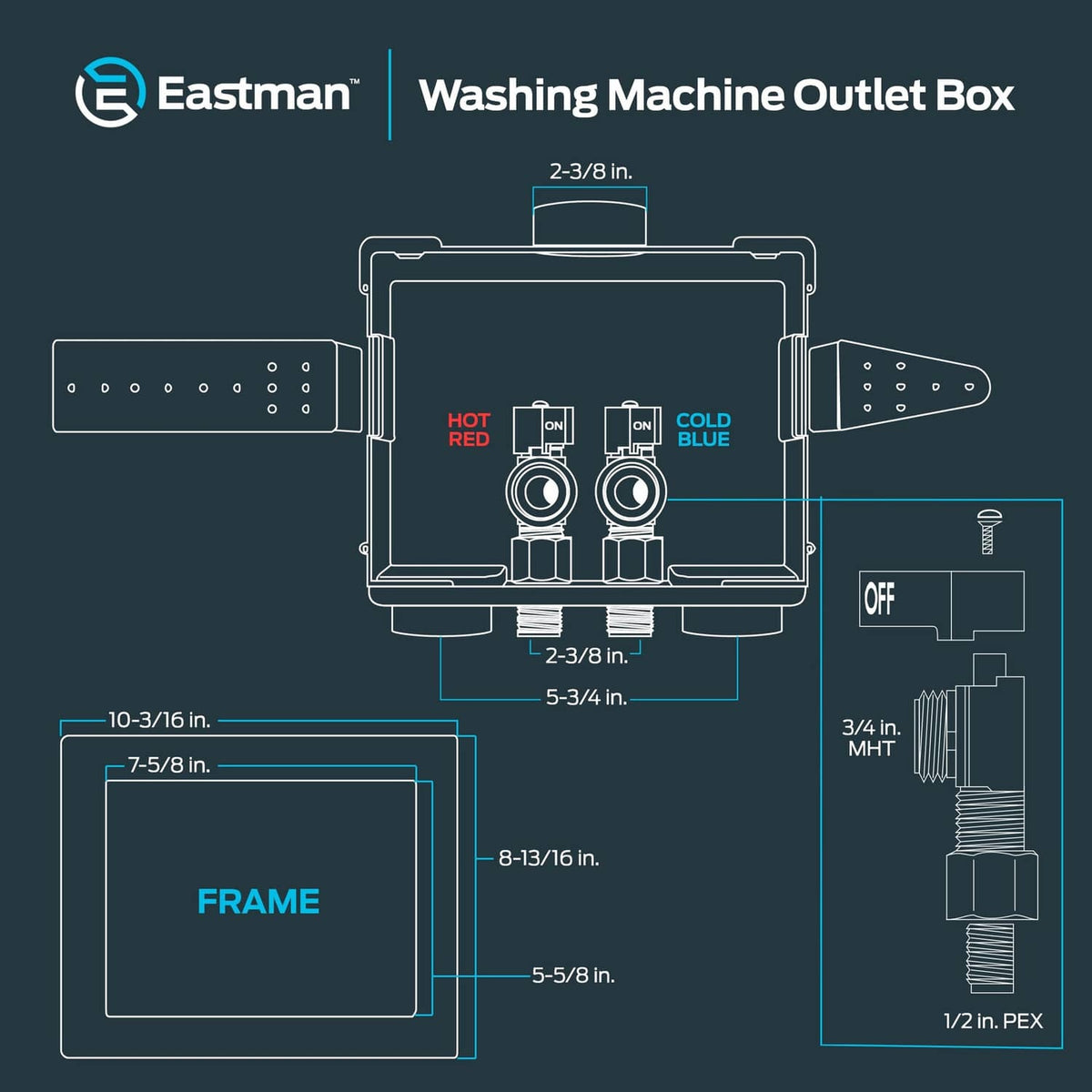 Line diagram of washing machine outlet box with hot and cold PEX connection points