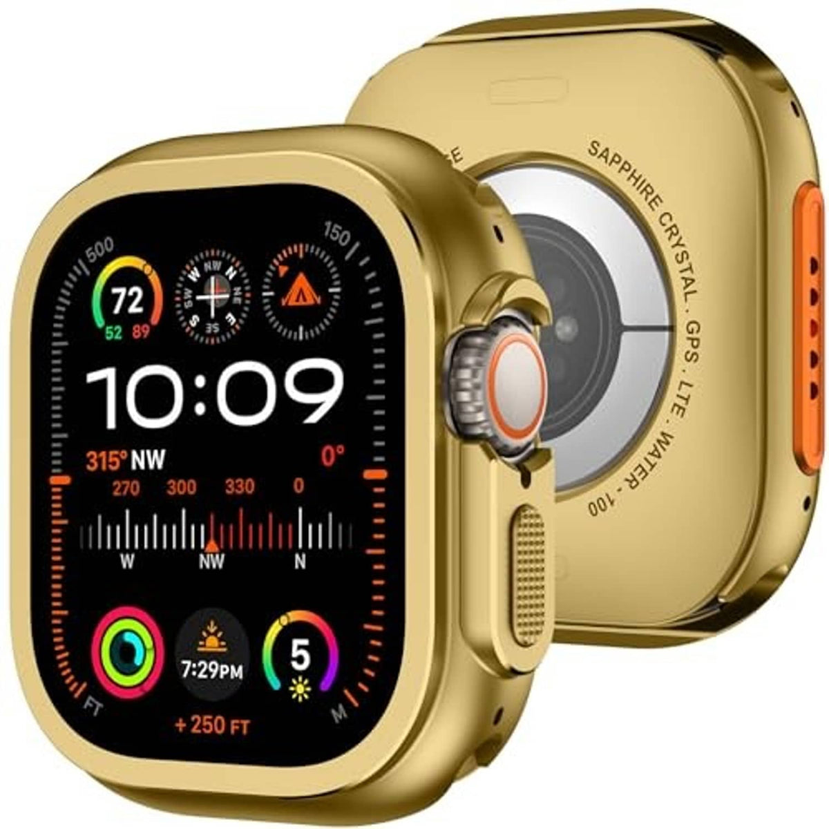 Gold 49mm metal watch case with raised camera cutout and visible digital watch display