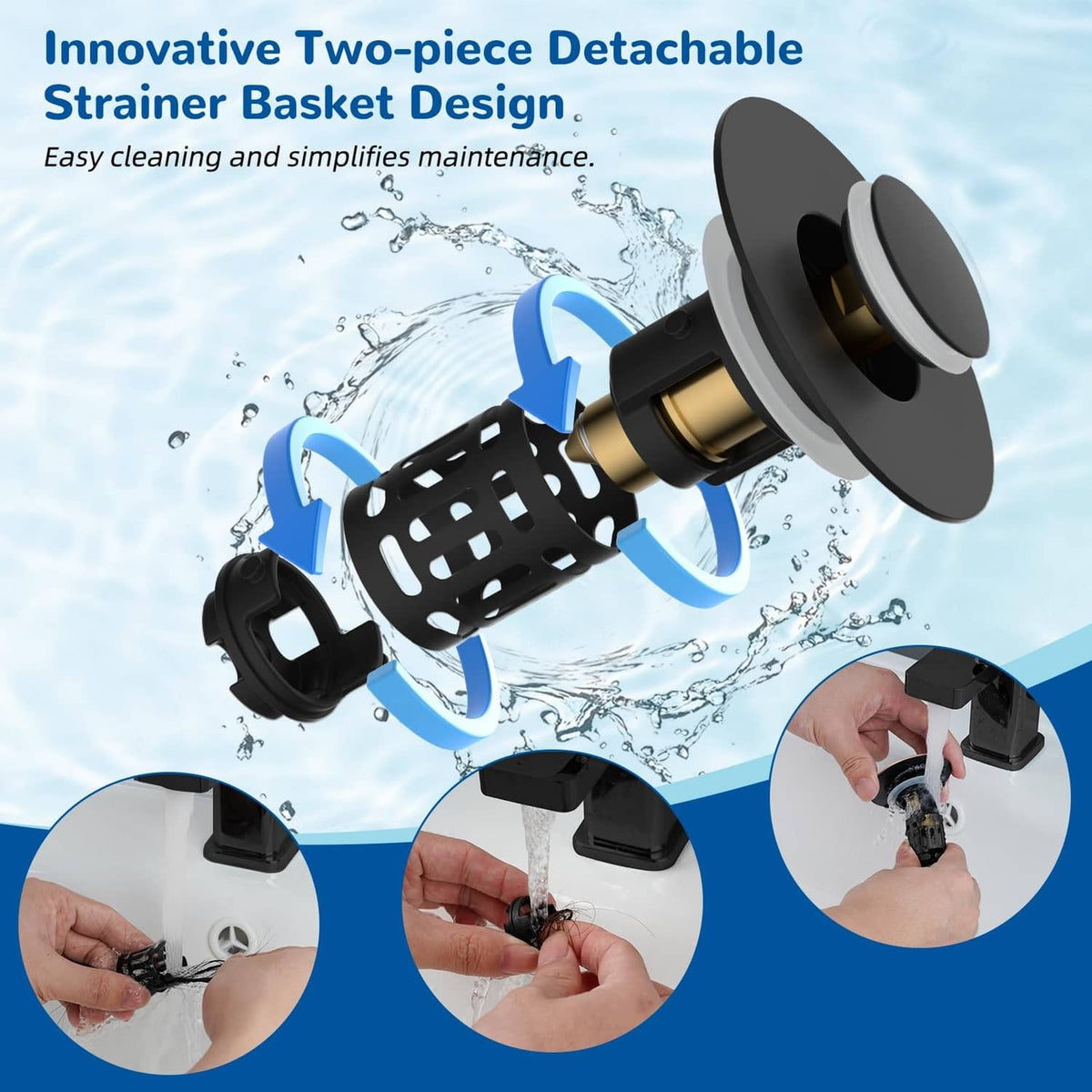 Matte black pop-up drain strainer basket with two-piece detachable filter design