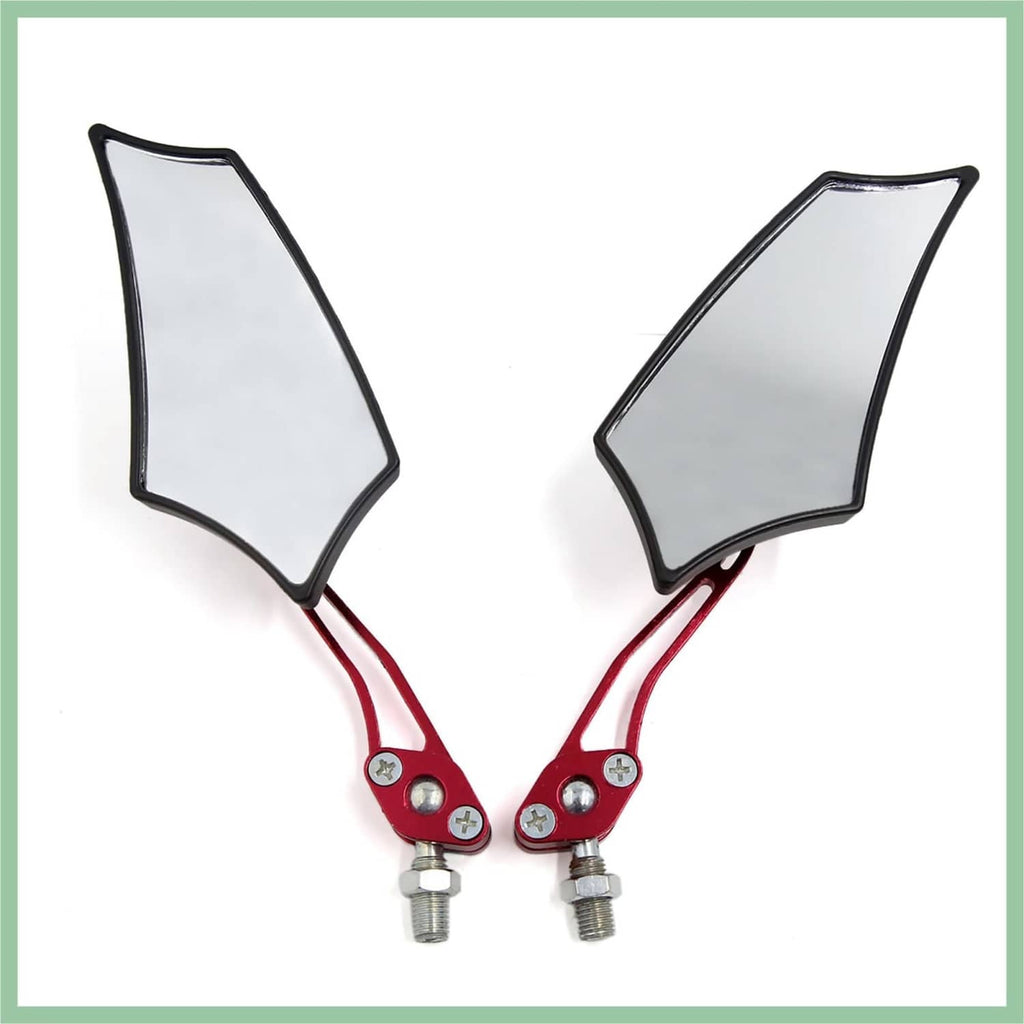 Red and black motorcycle rearview mirror pair with curved glass and mounting stems