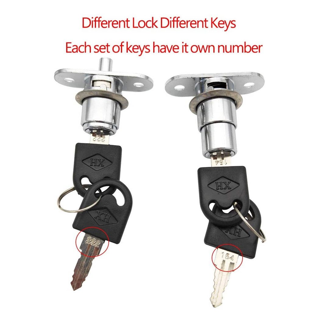 Two push plunger locks with keys and rings, different key fob codes