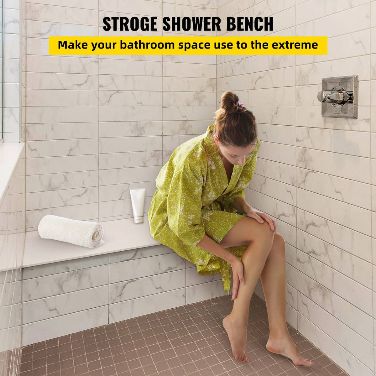 Gray rectangular shower bench seat for bathing, tile-ready board top surface