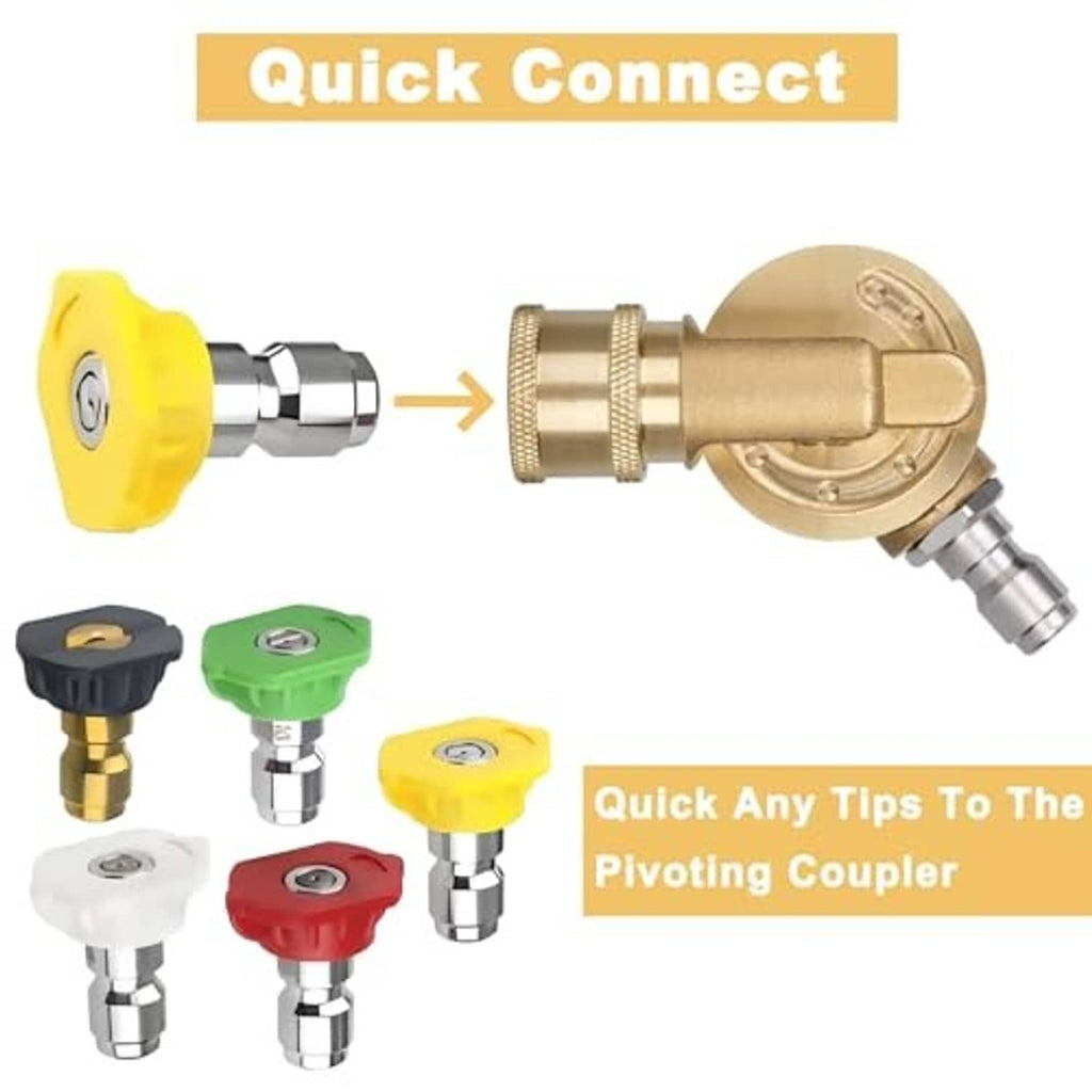 Pivoting brass quick-connect coupler with nozzle tip adapters and hose connection