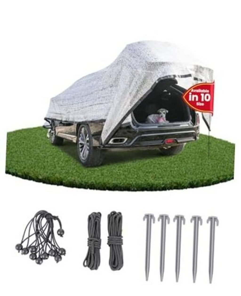 Silver reflective shade cloth tarp for car cover, with ropes and metal stakes kit