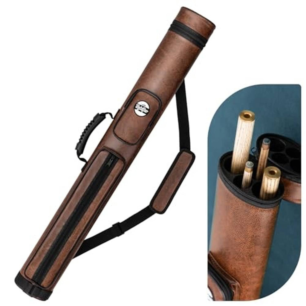 Brown pool cue case for two cues with zipper opening and padded strap panels