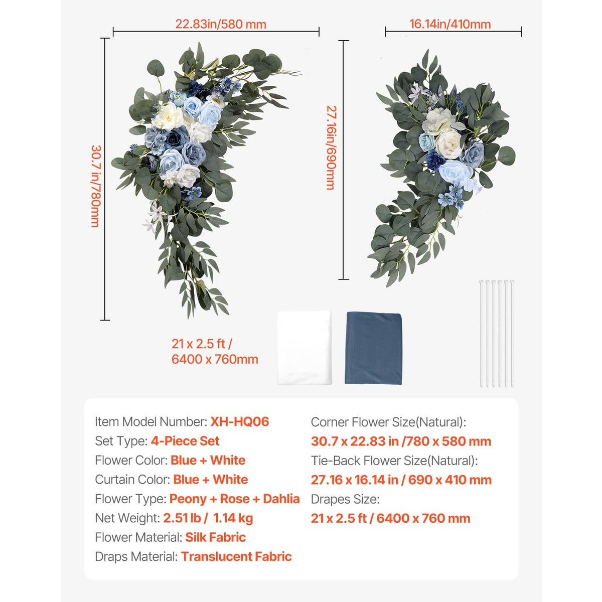 Blue and white artificial corner flower set with green leaves and matching drape pieces