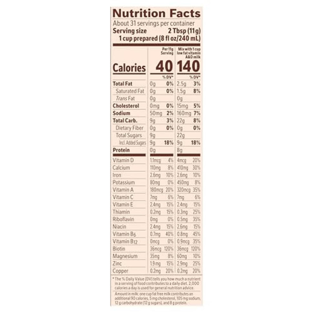 Nutrition Facts panel for chocolate malt mix tub with calories and vitamin mineral amounts