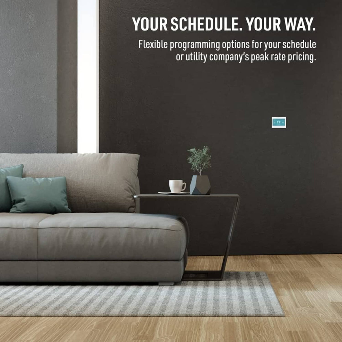 Wall-mounted smart color thermostat with teal touchscreen schedule screen.