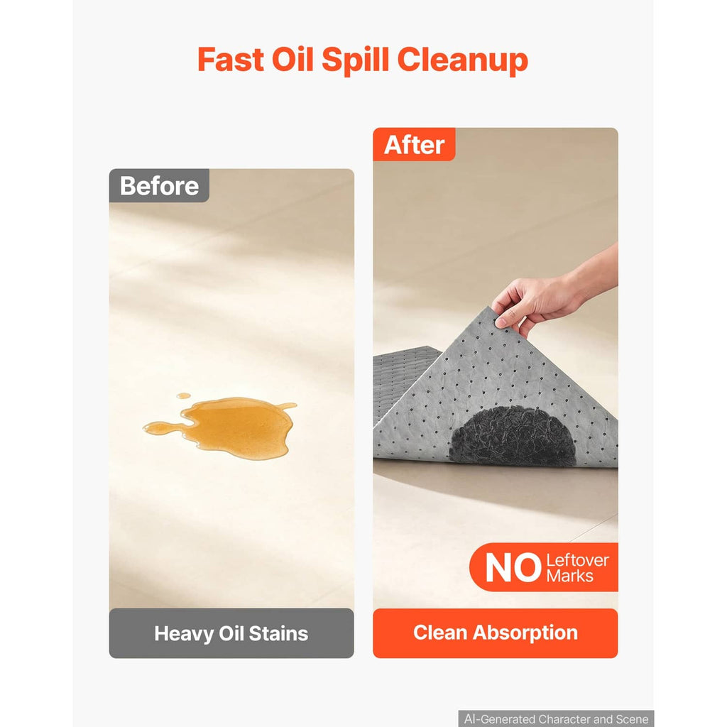 Absorbent pad cleaning heavy oil stain, before-and-after comparison