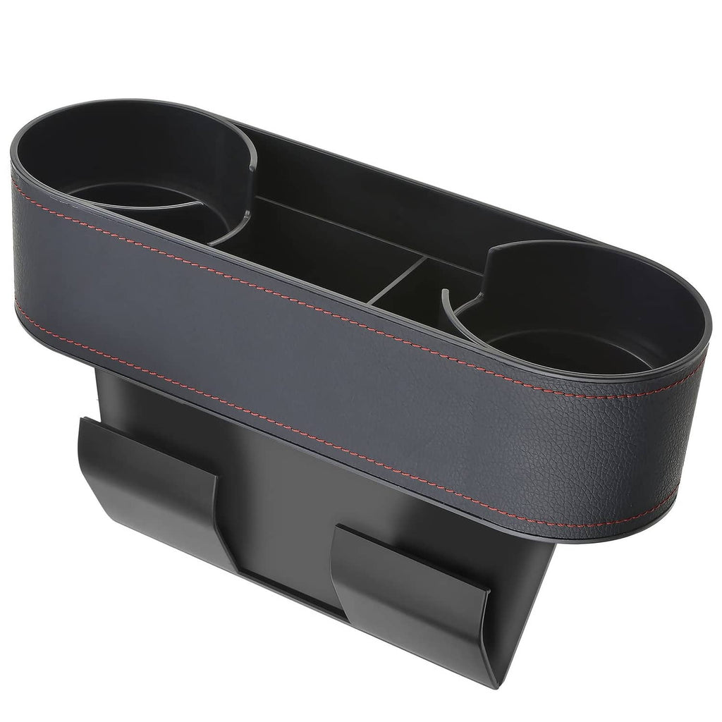 Black car seat side organizer with two cup holders and red contrast stitching