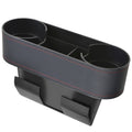 Black car seat side organizer with two cup holders and red contrast stitching