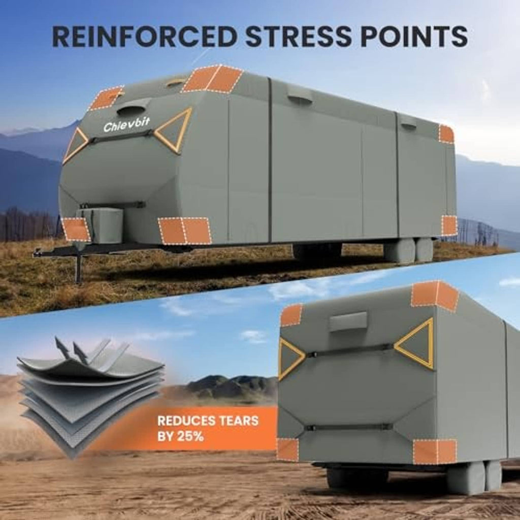Gray RV travel trailer cover with reinforced stress point patches on corners