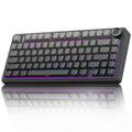 Black 75% hot-swappable mechanical keyboard with purple RGB backlight and volume knob