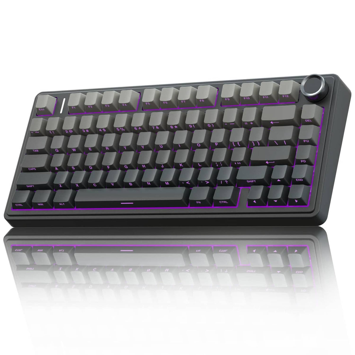 Black 75% hot-swappable mechanical keyboard with purple RGB backlight and volume knob