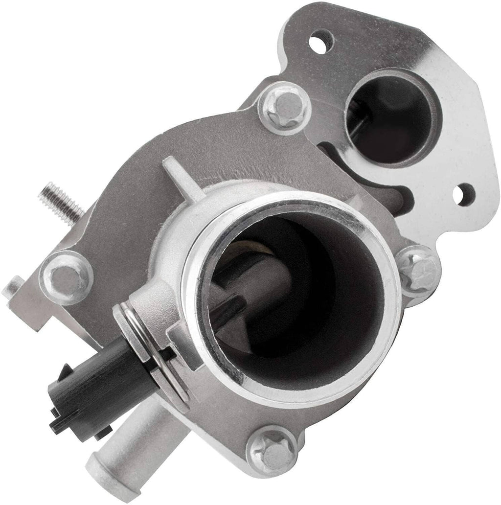 Thermostat water outlet assembly with round flange and central coolant passage