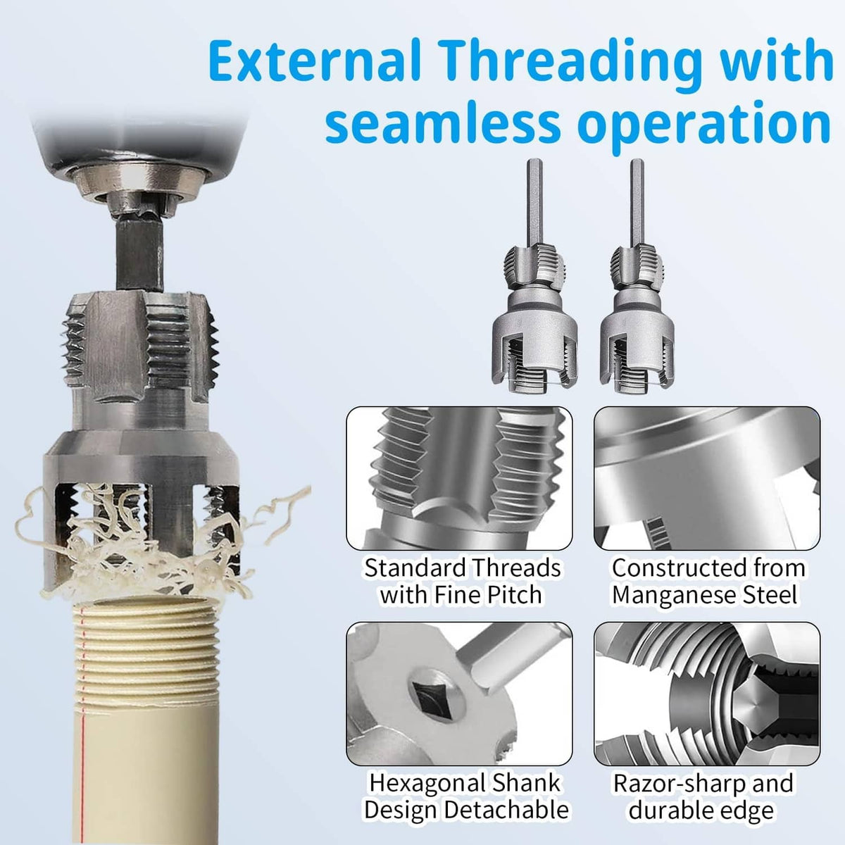 PVC external threading tool with die head and hex shank design, detachable