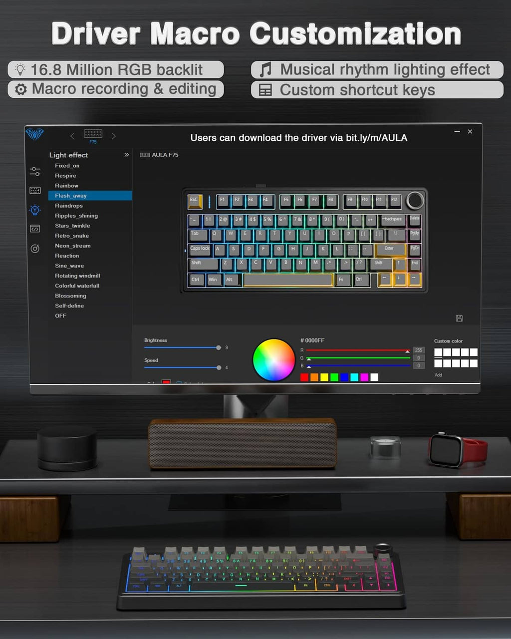 Black 75% mechanical keyboard with RGB backlit keys and side macro knob