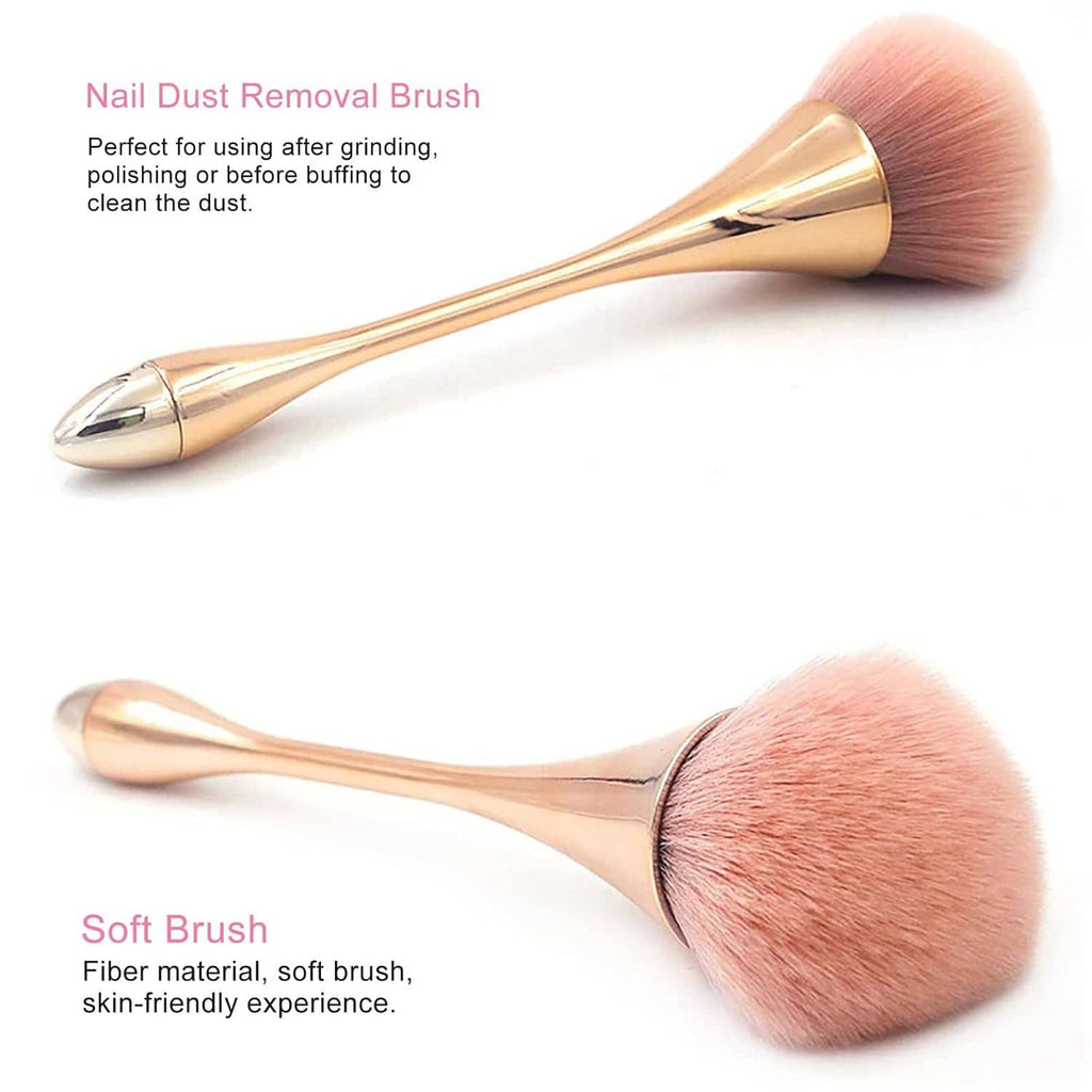 Nail dust removal brush with soft pink bristles and gold handle