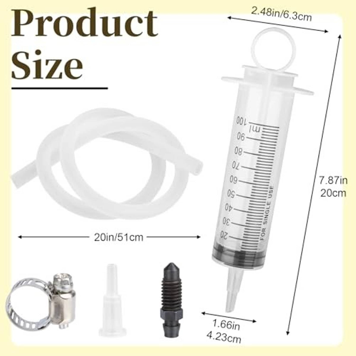 Brake bleeder kit components: 100 ml syringe cylinder, coiled hose, clamp ring, and nipple valve