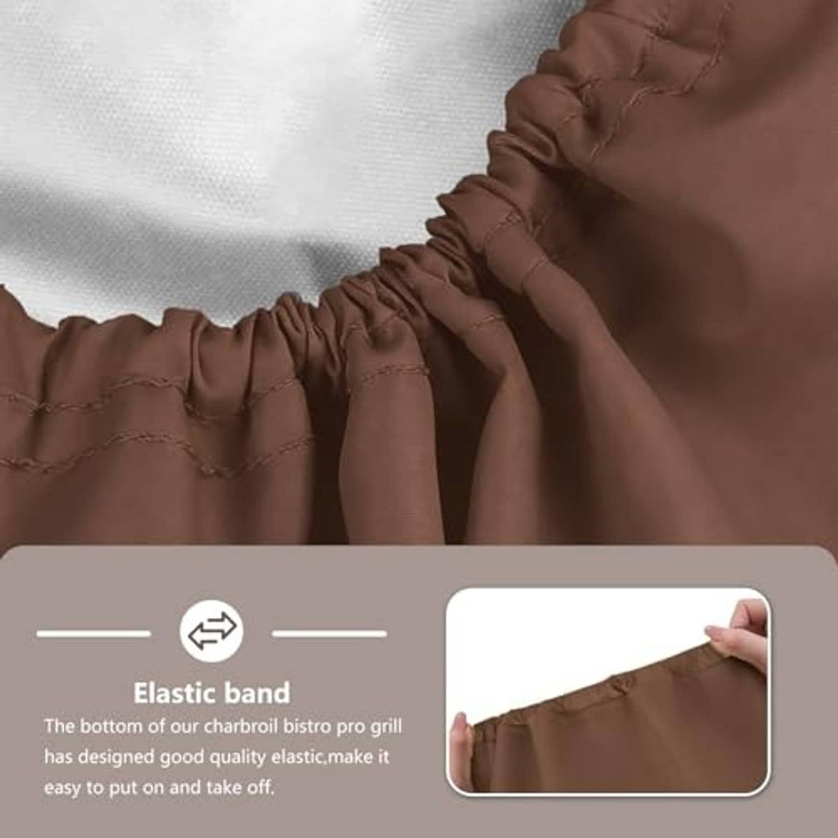 Brown umbrella base cover close-up with gathered elastic band at the bottom edge