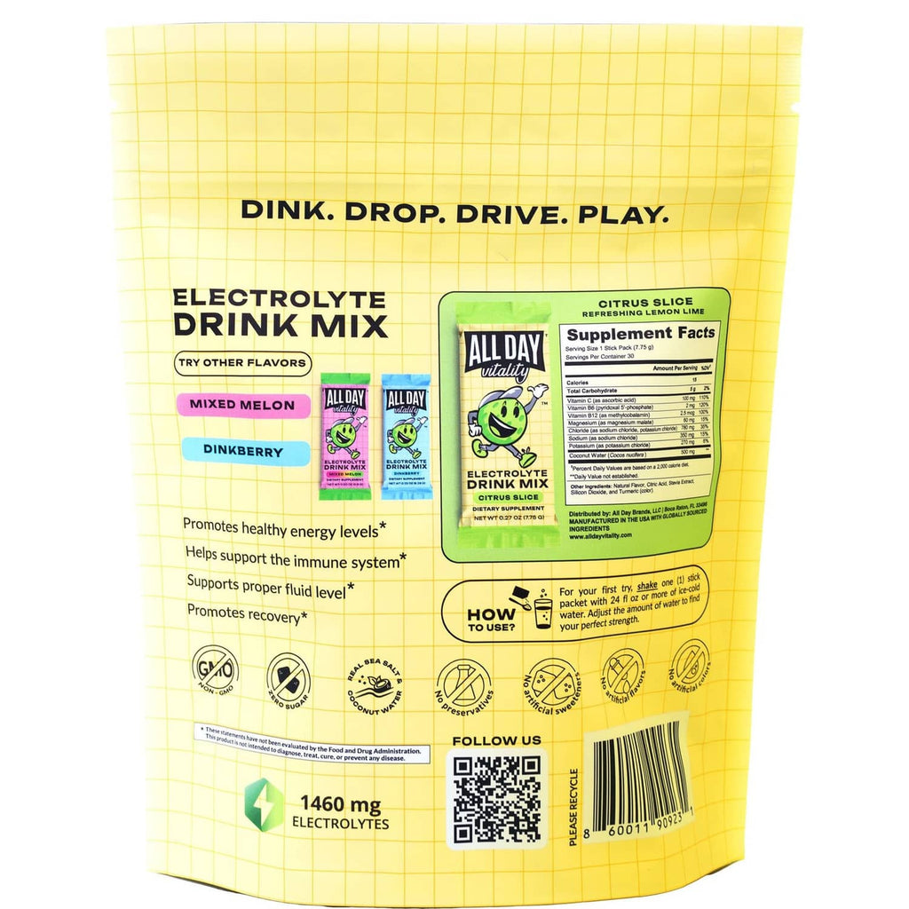ALL DAY Vitality citrus slice electrolyte drink mix back label with Supplement Facts text