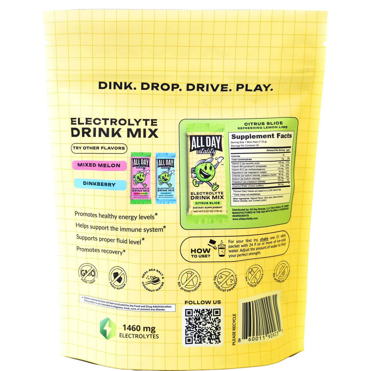 ALL DAY Vitality citrus slice electrolyte drink mix back label with Supplement Facts text