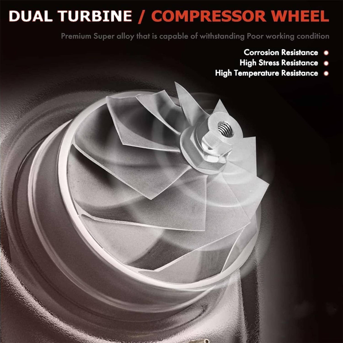Turbo compressor wheel with curved blades and central hub in metallic finish