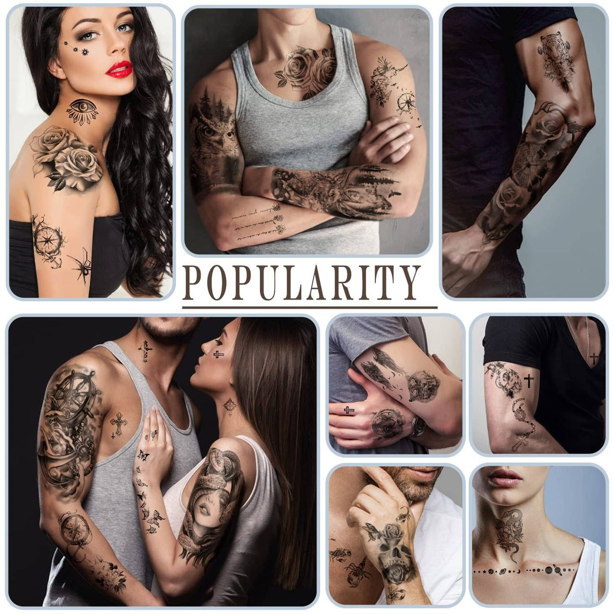 Black temporary tattoo designs on upper arms and chest with crosses, roses, and eyes