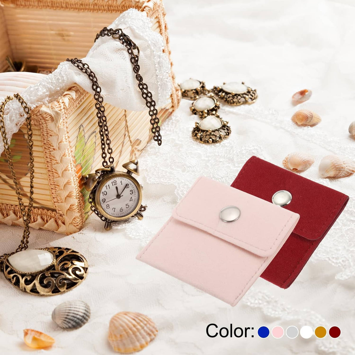 Pink velvet jewelry pouch with metal snap button flap
