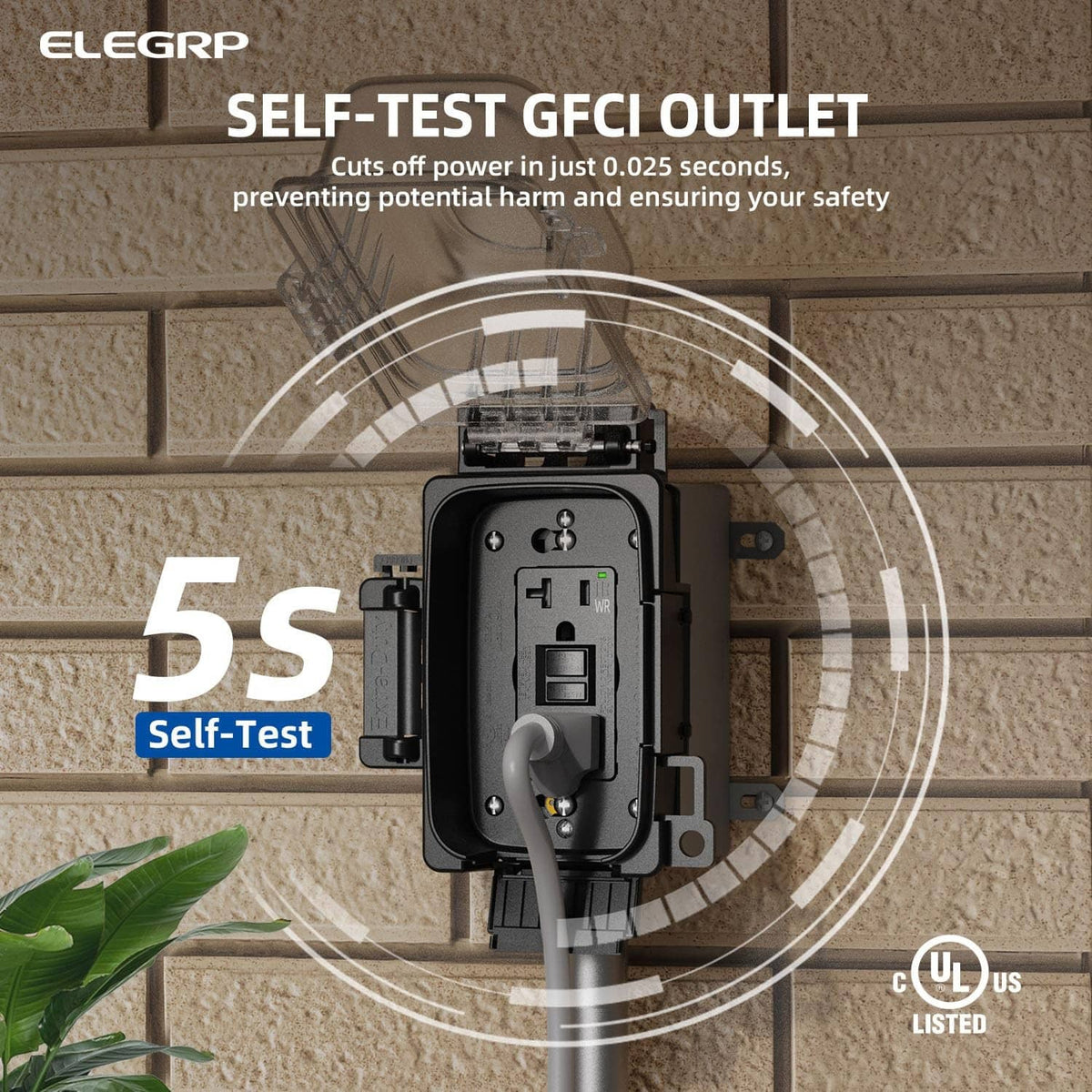 Self-test GFCI outlet with black face and in-use cover, mounted on exterior wall