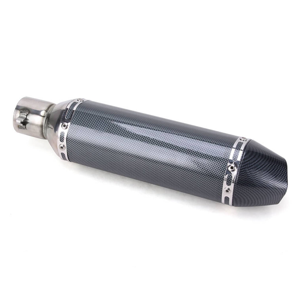 Motorcycle exhaust muffler end-to-end view with carbon-fiber texture and metal heat shield