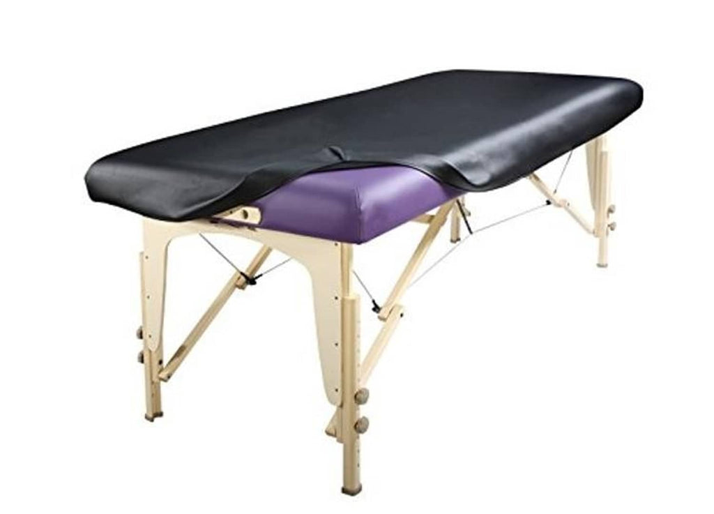 Black fitted PU vinyl massage table cover over a purple cushion insert