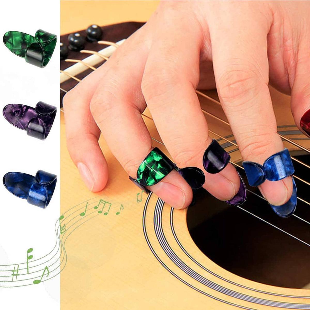 Silicone guitar finger guards in green, purple, blue, and black on guitar strings