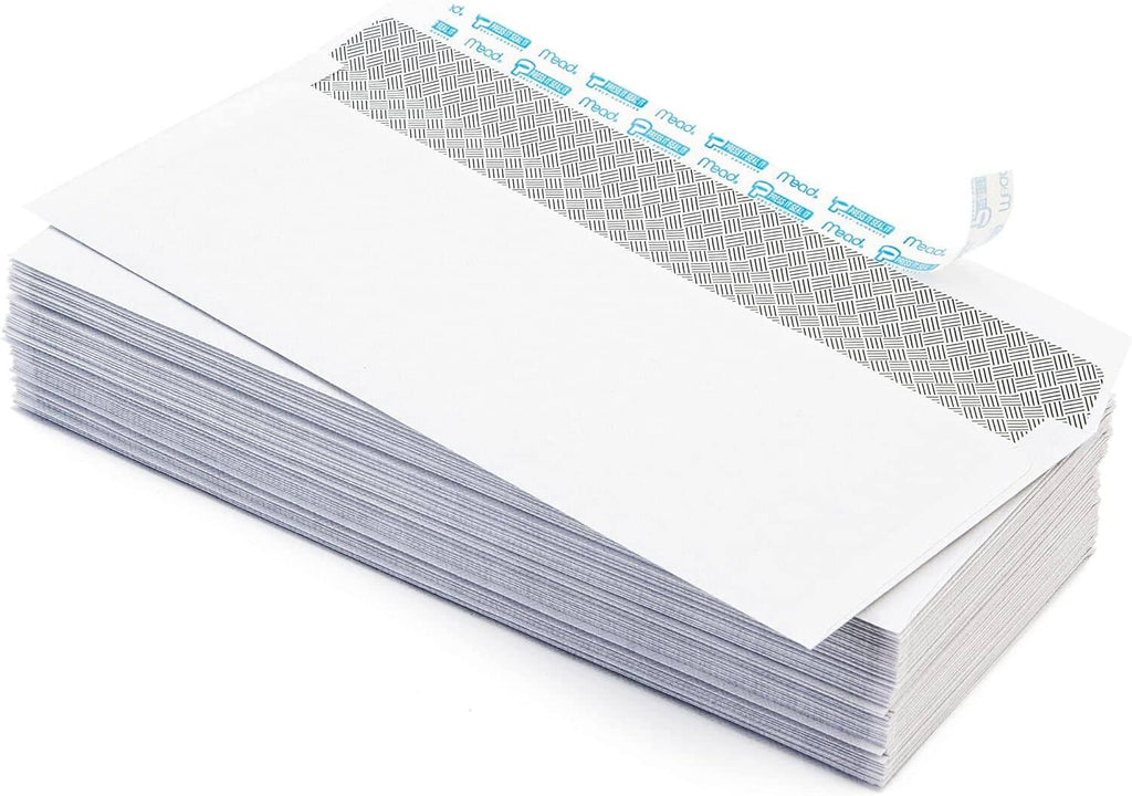 Stack of white security envelopes with printed privacy strip on the flap