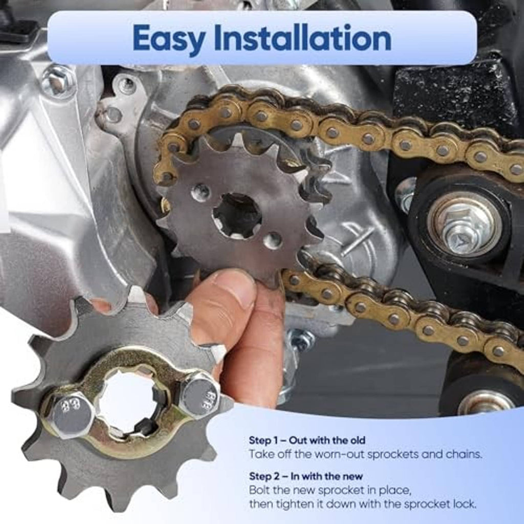 Front engine sprocket with retaining plate and bolts shown ready for installation on a bike