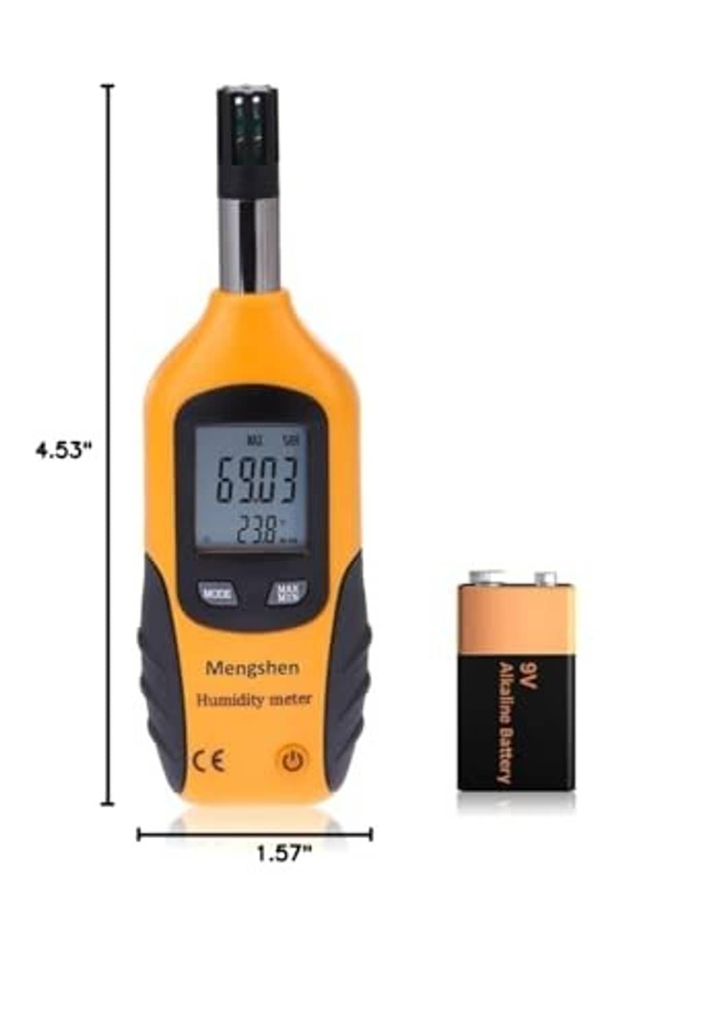 Orange handheld digital humidity meter with LCD display and included battery, with size measurements