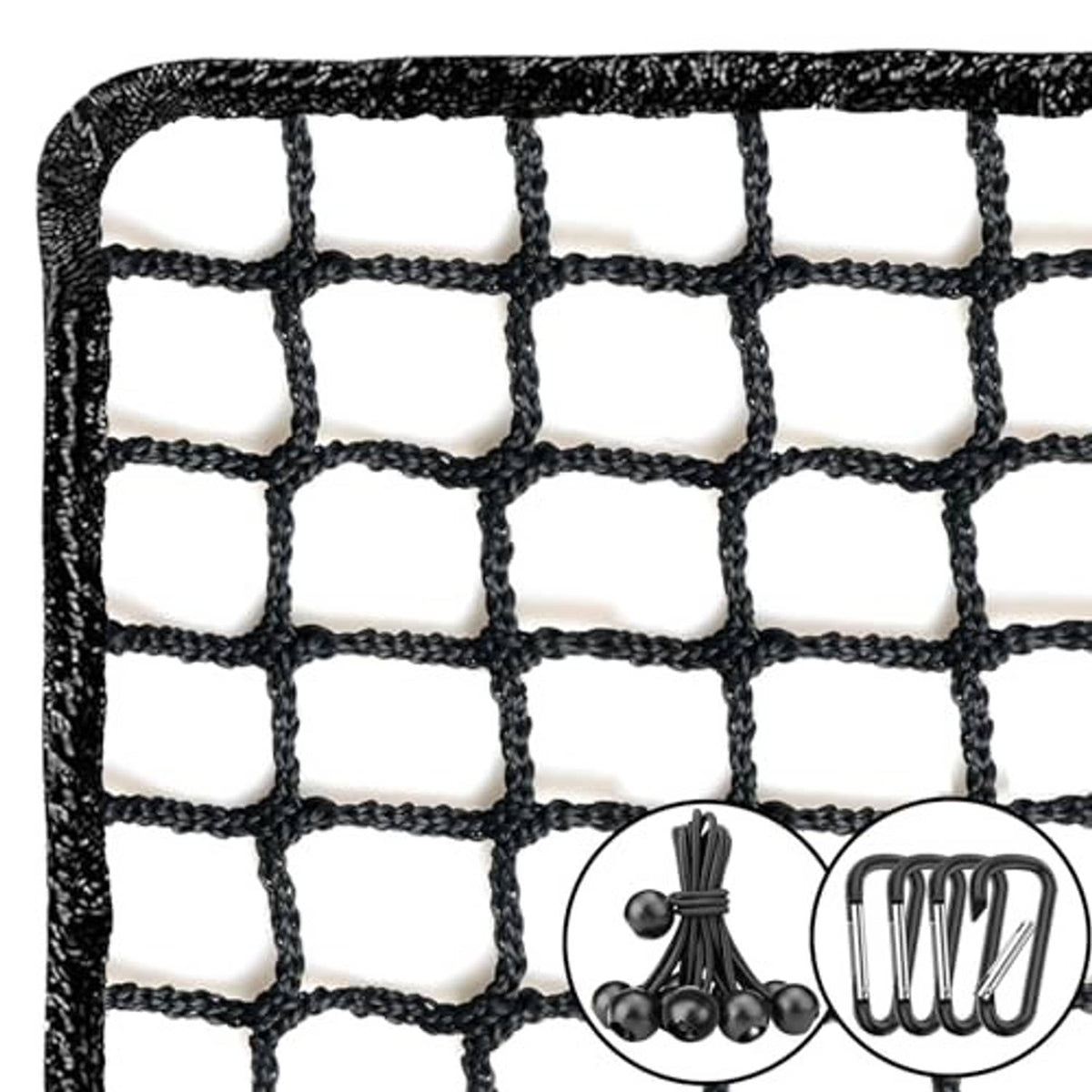 Heavy-duty sports net with black square mesh and thick rope border edge