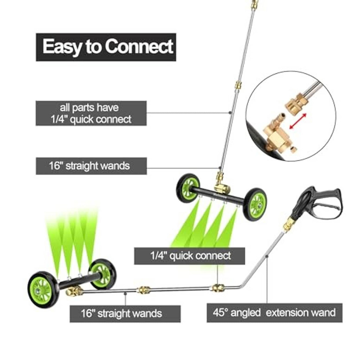 Quick-connect undercarriage cleaner with 16 in straight wands and green wheel frame